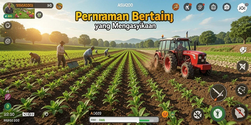 Tampilan gameplay ASIA200 dengan pertanian yang mekar.