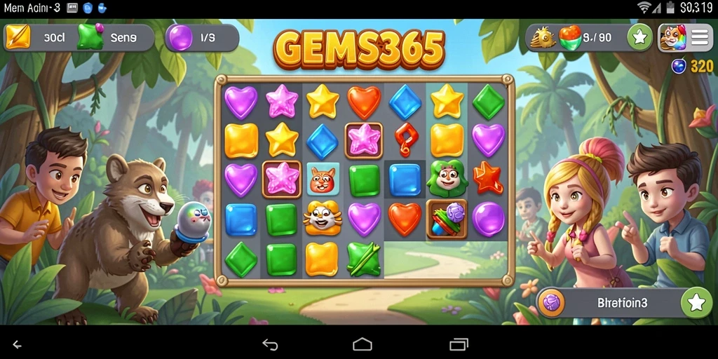 Tampilan gameplay GEMS365 menampilkan aksi mencocokkan permata yang seru.