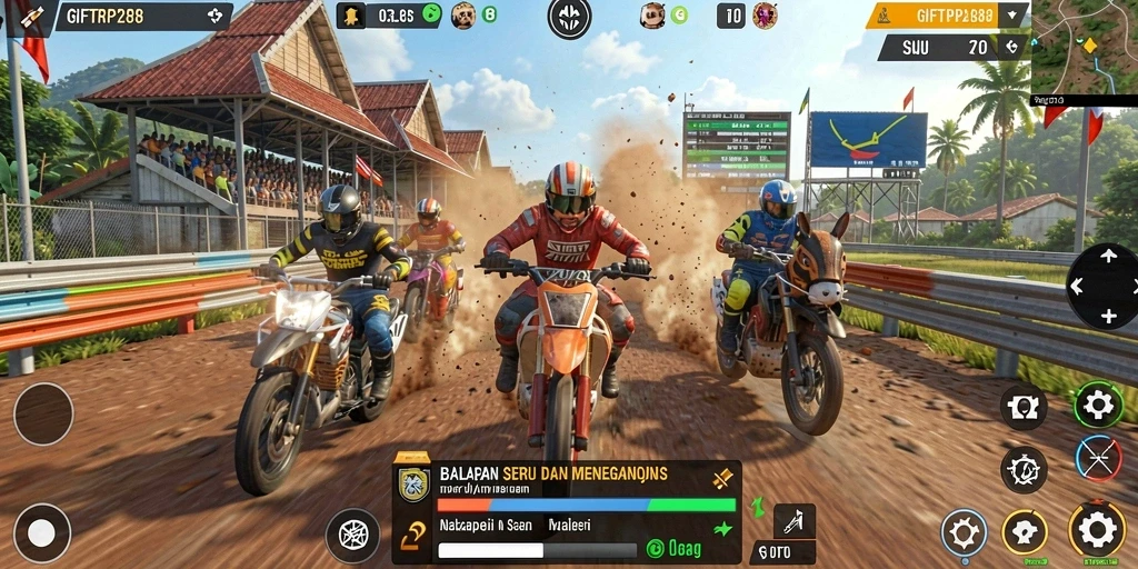 Tampilan gameplay menegangkan dengan mobil balap di lintasan cepat.