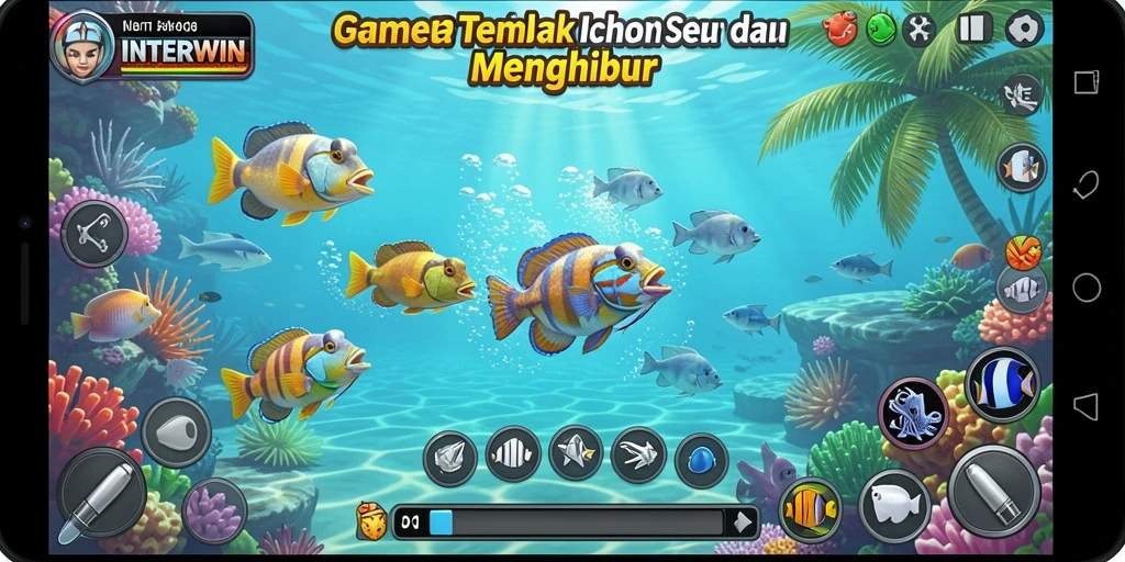 Tampilan gameplay seru dengan aksi menembak ikan.