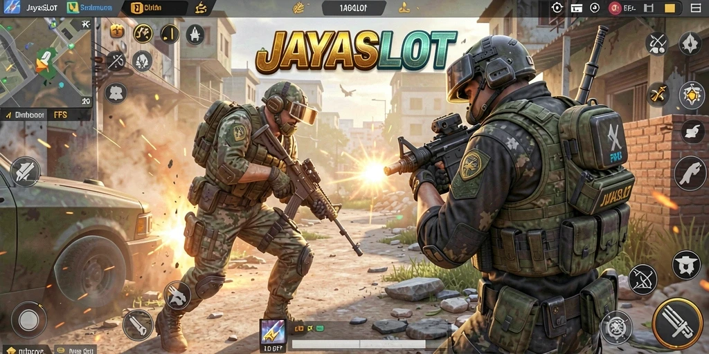Tampilan gameplay menegangkan di JAYASLOT dengan aksi FPS yang seru.
