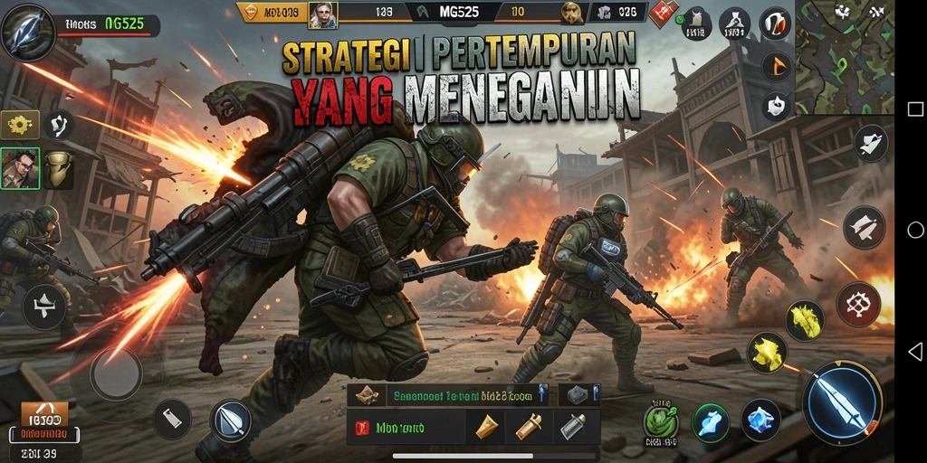 Screenshot utama MG525 menampilkan aksi pertempuran strategi yang intens.