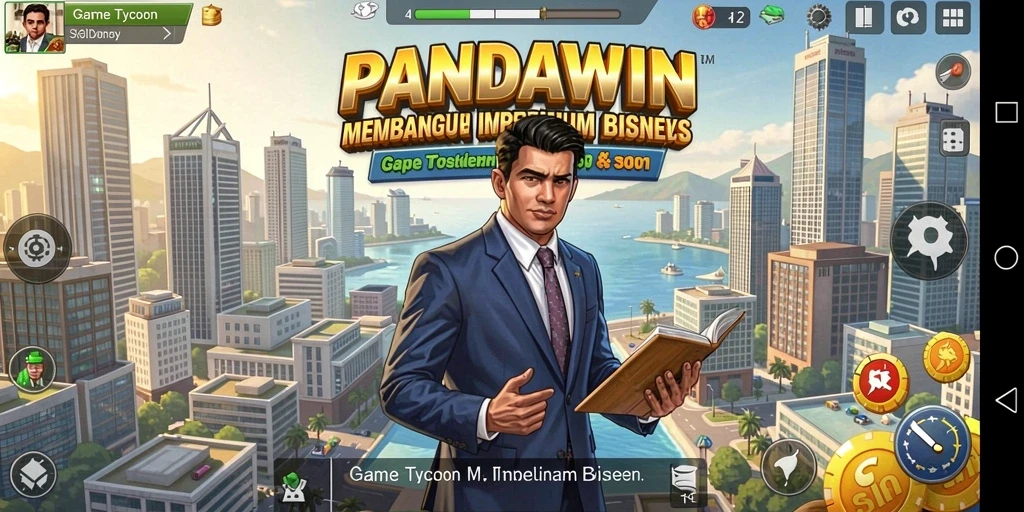 Tangkapan layar gameplay PANDAWIN yang menunjukkan interaksi bisnis.