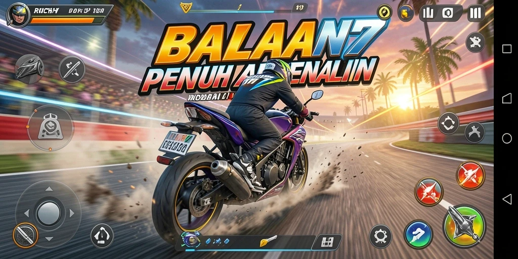Screenshot RICH7 menampilkan aksi balapan motor yang mendebarkan.
