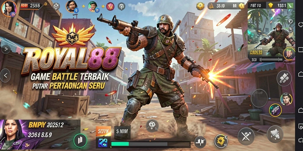 Gameplay seru ROYAL88 menunjukkan aksi Battle Royale di medan perang.