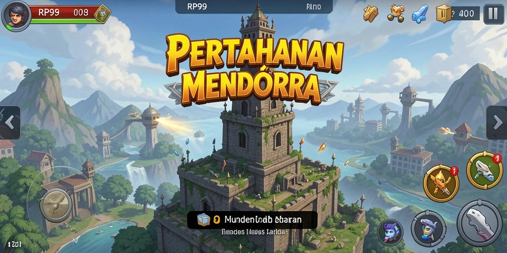 Screenshot utama dari RP99 menampilkan aksi menara pertahanan yang mendebarkan.