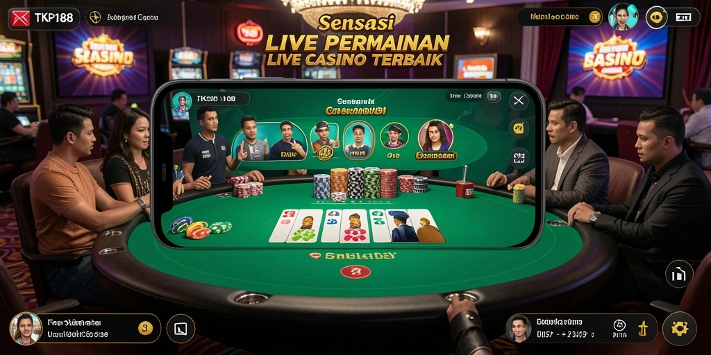 Screenshot gameplay TKP188 menampilkan dealer profesional dan suasana kasino nyata.